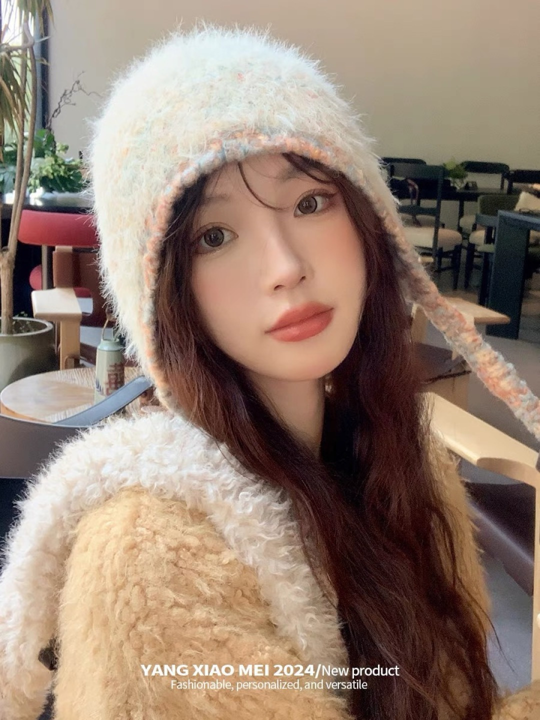 蒙口moncler2025新款毛绒布日系甜美可爱护其拼色保暖毛线针织帽女