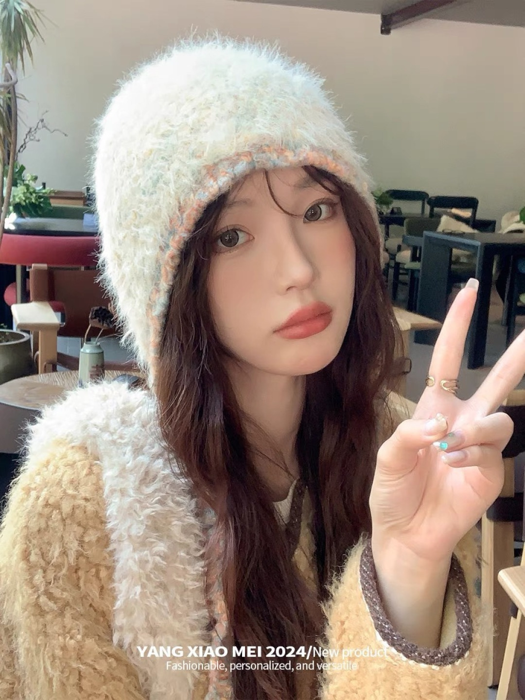 蒙口moncler2025新款毛绒布日系甜美可爱护其拼色保暖毛线针织帽女