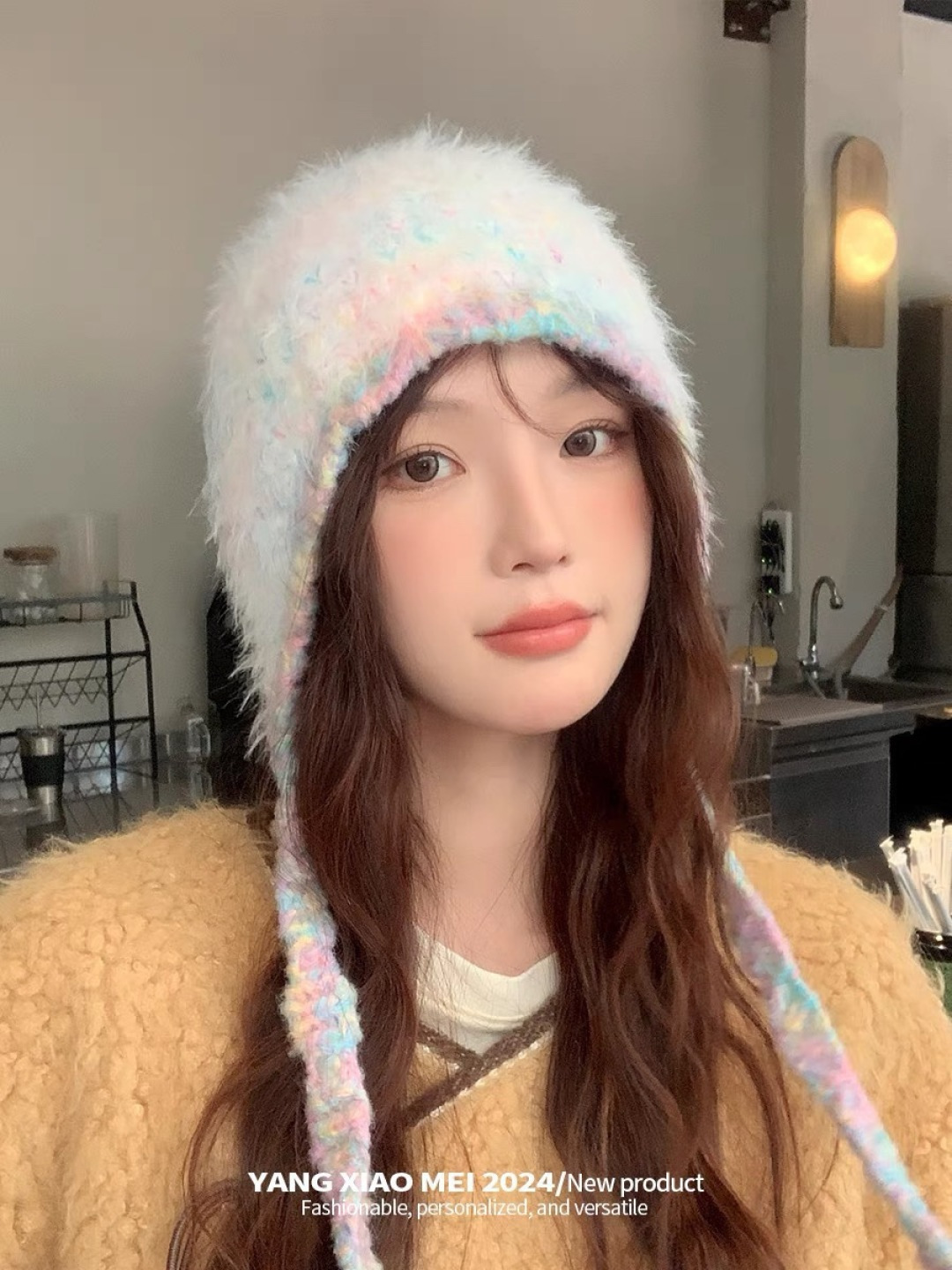 蒙口moncler2025新款毛绒布日系甜美可爱护其拼色保暖毛线针织帽女