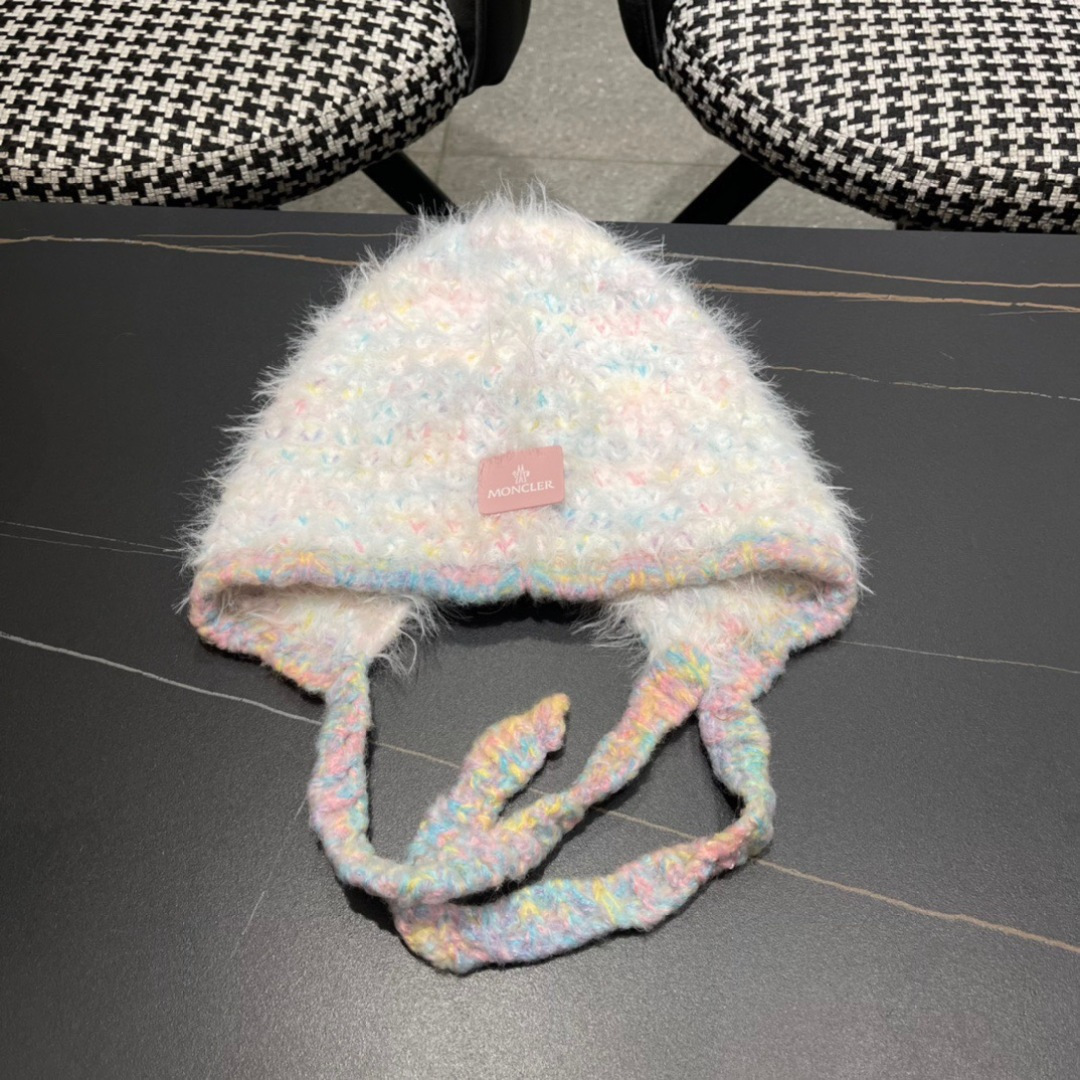 蒙口moncler2025新款毛绒布日系甜美可爱护其拼色保暖毛线针织帽女