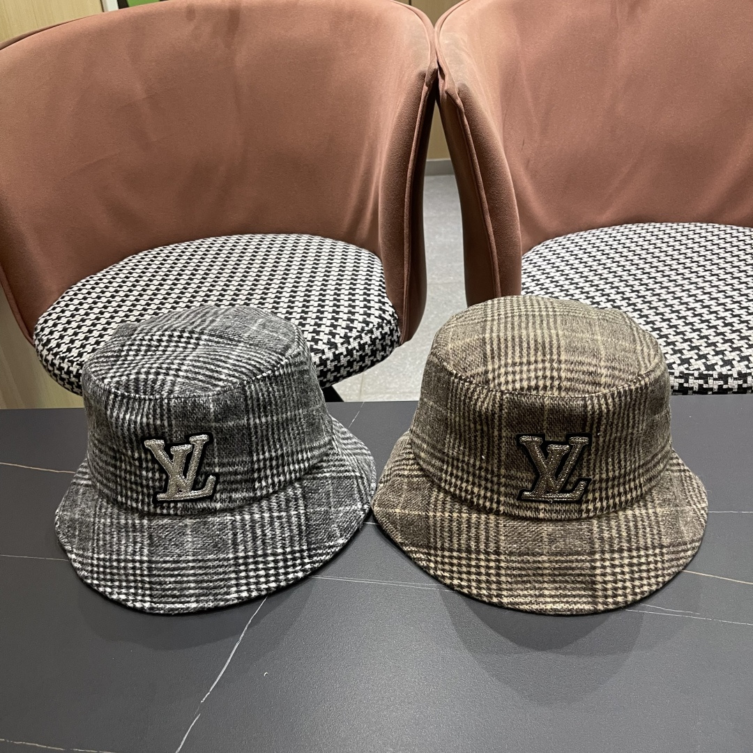 Lv路易威登 日系千鸟格纹渔夫帽女格子百搭盆帽韩版休闲帽子秋冬款防晒遮阳帽潮
