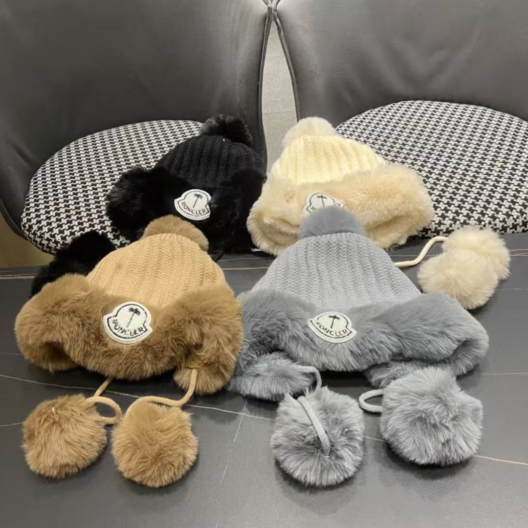 蒙口moncler2024秋冬款毛球耳朵毛绒帽女户外加绒保暖套头帽针织护耳东北雷锋帽