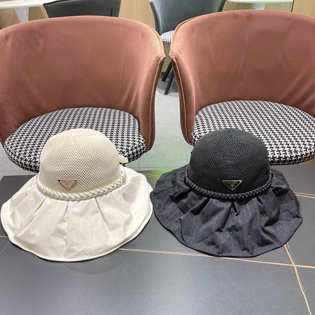 Prada普拉达2025新款大帽檐春夏新款黑胶遮阳帽优雅蝴蝶结女士防晒防紫外线户外太阳帽