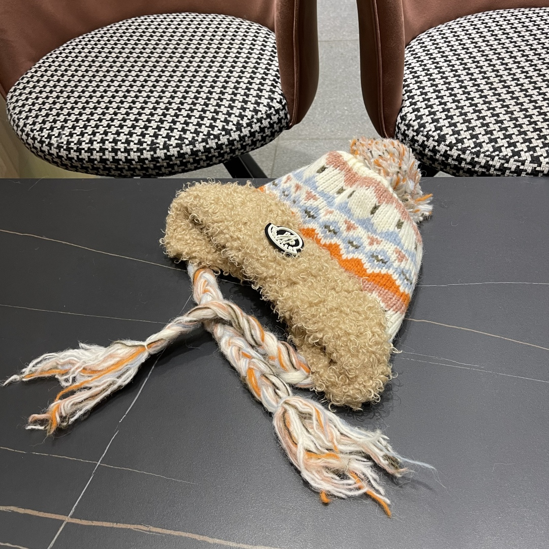 蒙口MONCLER 帽子女秋冬保暖提花辫子针织帽冬骑行韩版雷锋帽羊羔绒帽边毛线帽