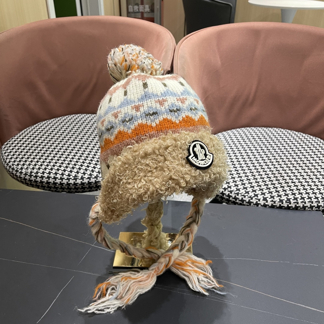 蒙口MONCLER 帽子女秋冬保暖提花辫子针织帽冬骑行韩版雷锋帽羊羔绒帽边毛线帽