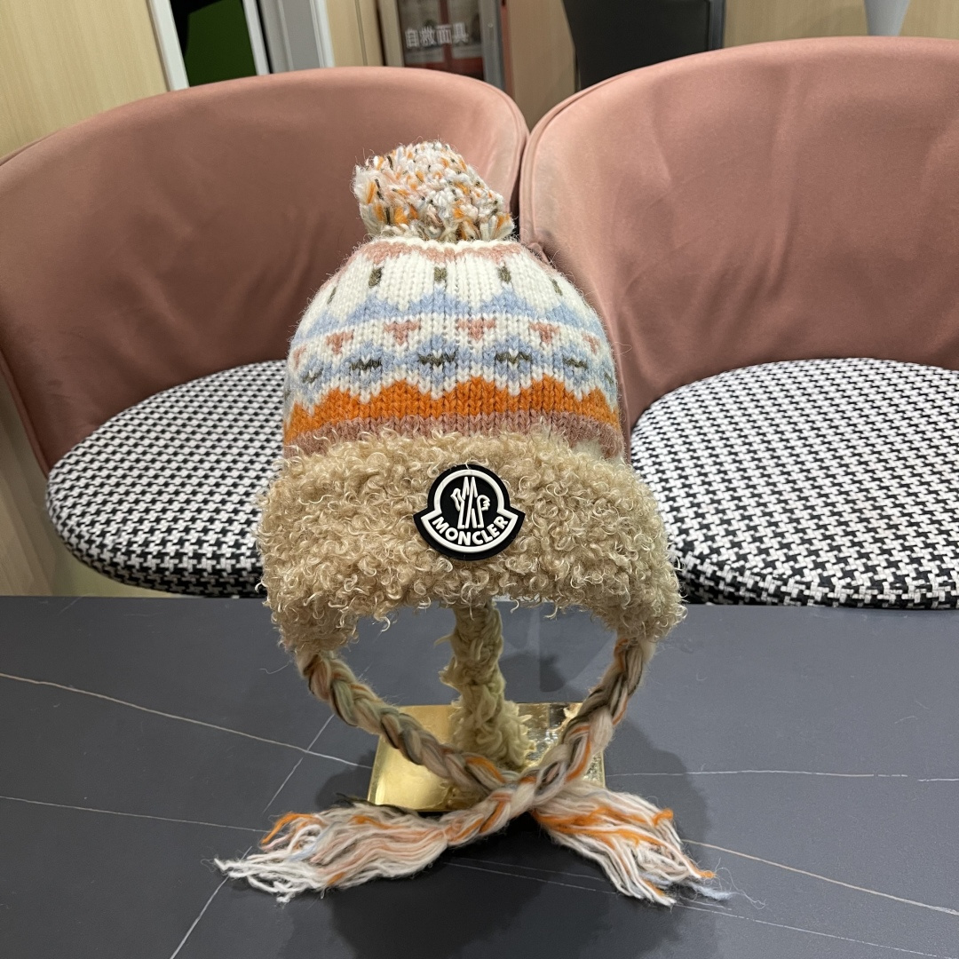 蒙口MONCLER 帽子女秋冬保暖提花辫子针织帽冬骑行韩版雷锋帽羊羔绒帽边毛线帽