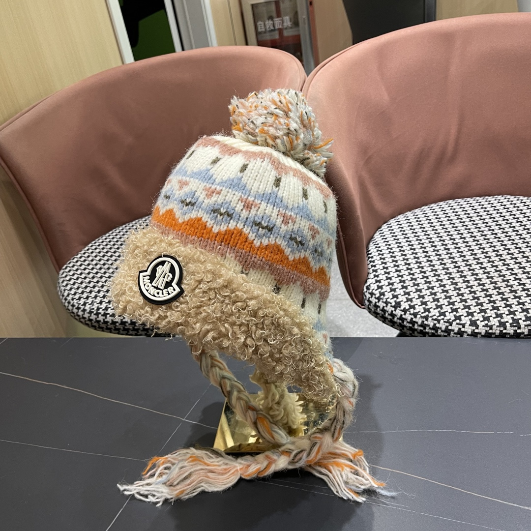蒙口MONCLER 帽子女秋冬保暖提花辫子针织帽冬骑行韩版雷锋帽羊羔绒帽边毛线帽