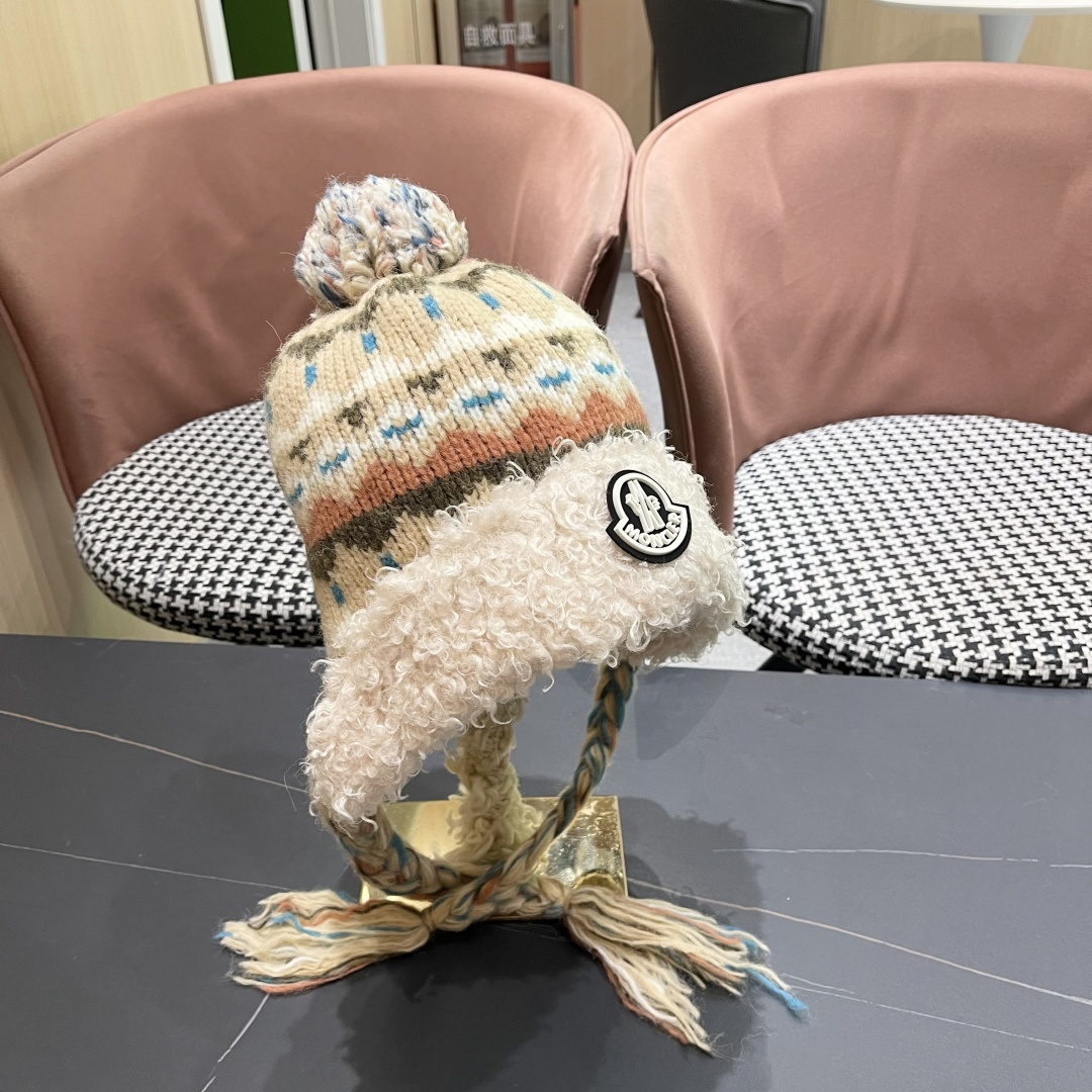 蒙口MONCLER 帽子女秋冬保暖提花辫子针织帽冬骑行韩版雷锋帽羊羔绒帽边毛线帽