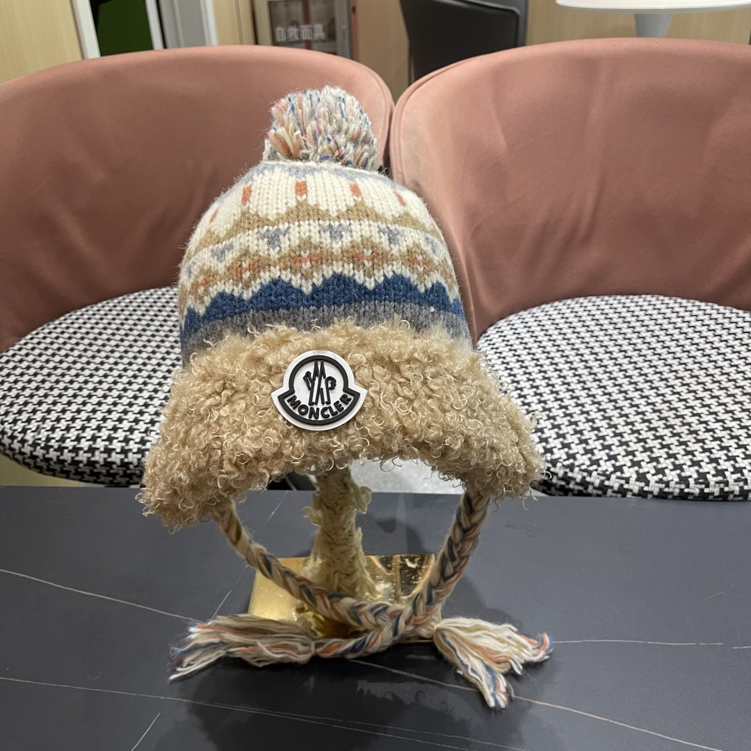 蒙口MONCLER 帽子女秋冬保暖提花辫子针织帽冬骑行韩版雷锋帽羊羔绒帽边毛线帽