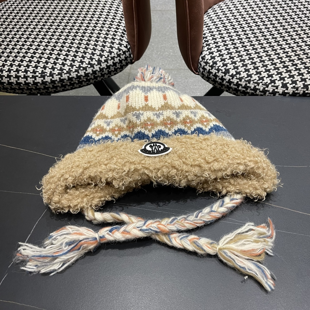 蒙口MONCLER 帽子女秋冬保暖提花辫子针织帽冬骑行韩版雷锋帽羊羔绒帽边毛线帽