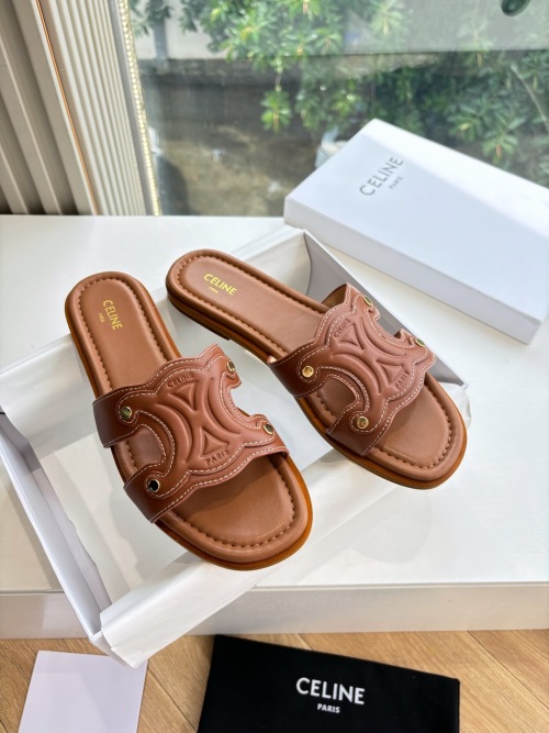 Celine Women's Triomphe Signature Leather Flat Sandal Slides 1 Celine Women's Triomphe Signature Leather Flat Sandal Slides