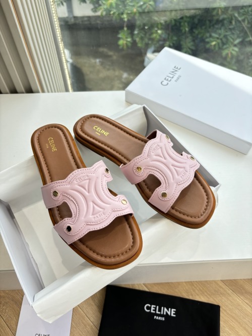 Celine Triomphe Pink Leather Slides Sandals Comfortable and Stylish