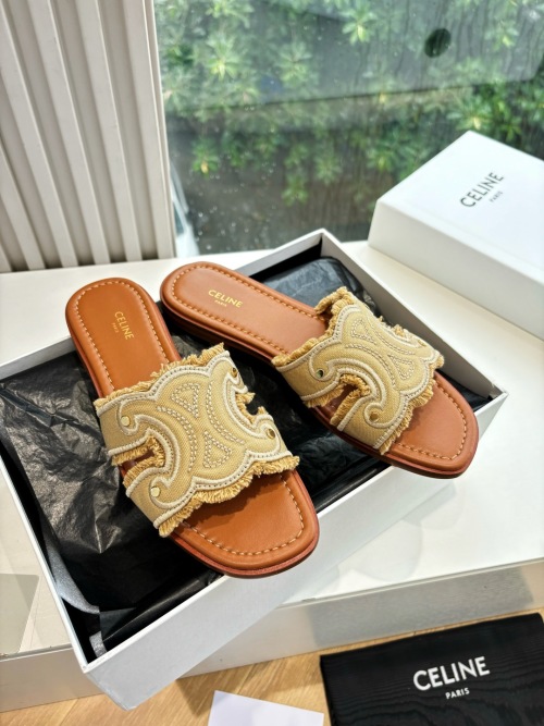 Celine Triomphe Strappy Heeled Sandal in Canvas and Calfskin, Tan, Women 1 Celine Triomphe Strappy Heeled Sandal in Canvas and Calfskin, Tan, Women