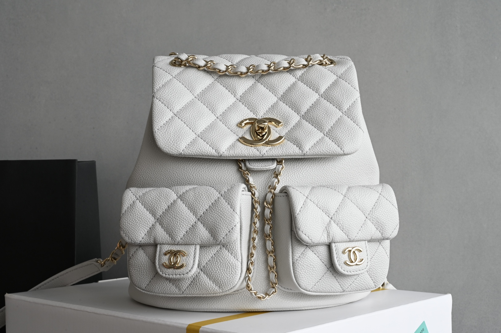 白金版▪️正品级 包装如图𝗖𝗵𝗮𝗻𝗲𝟭 𝟐𝟓𝐏 全新升级版🍀双口袋青蛙🐸复古背包 浅灰 中号专柜售价𝟦𝟫