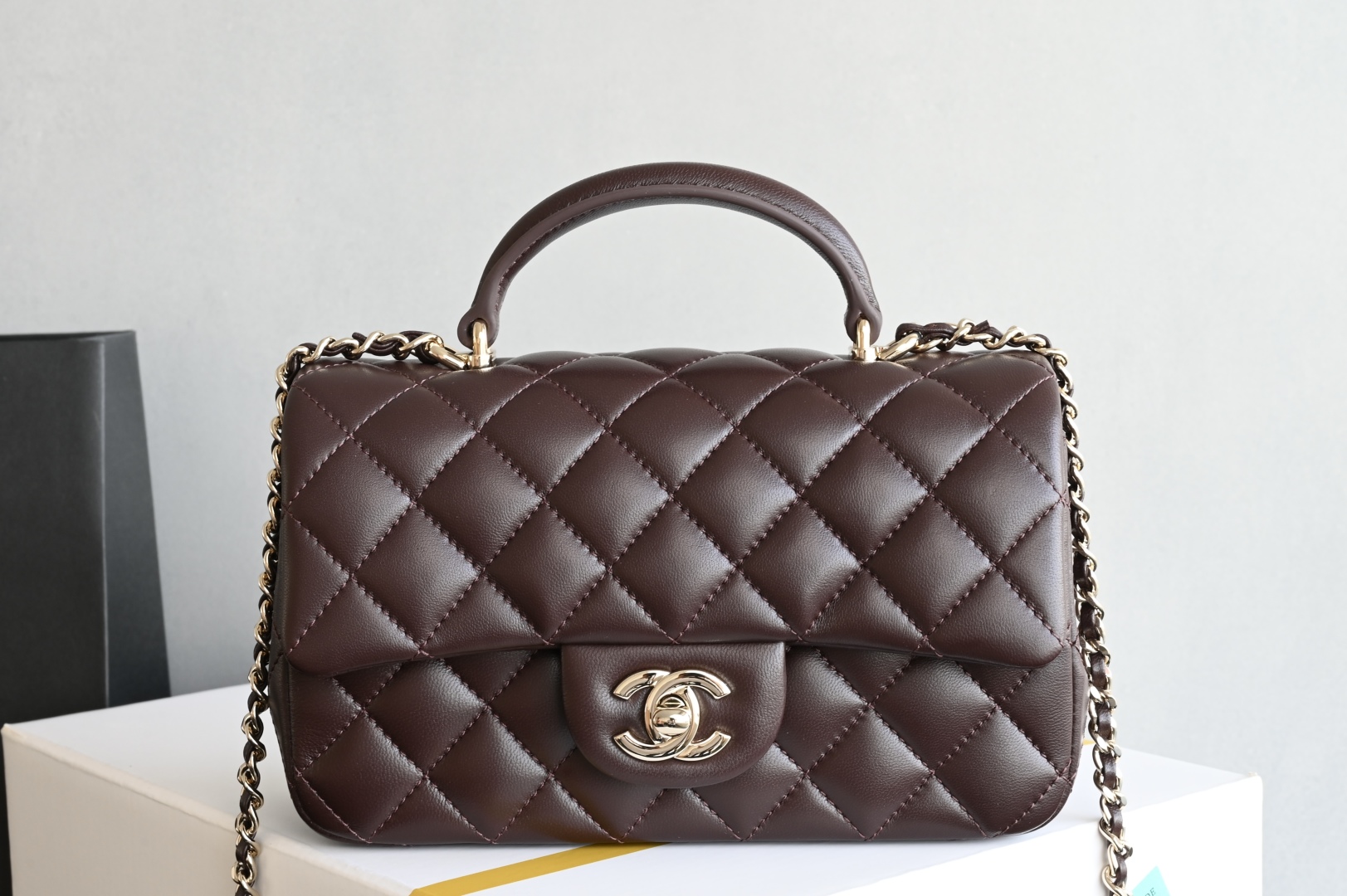 白金版▪️正品级 包装如图全新到货‼️𝟐𝟓𝐀新色 [升级版] 𝐌𝐢𝐧𝐢口盖包手提手腕 巧克力色带手柄的包