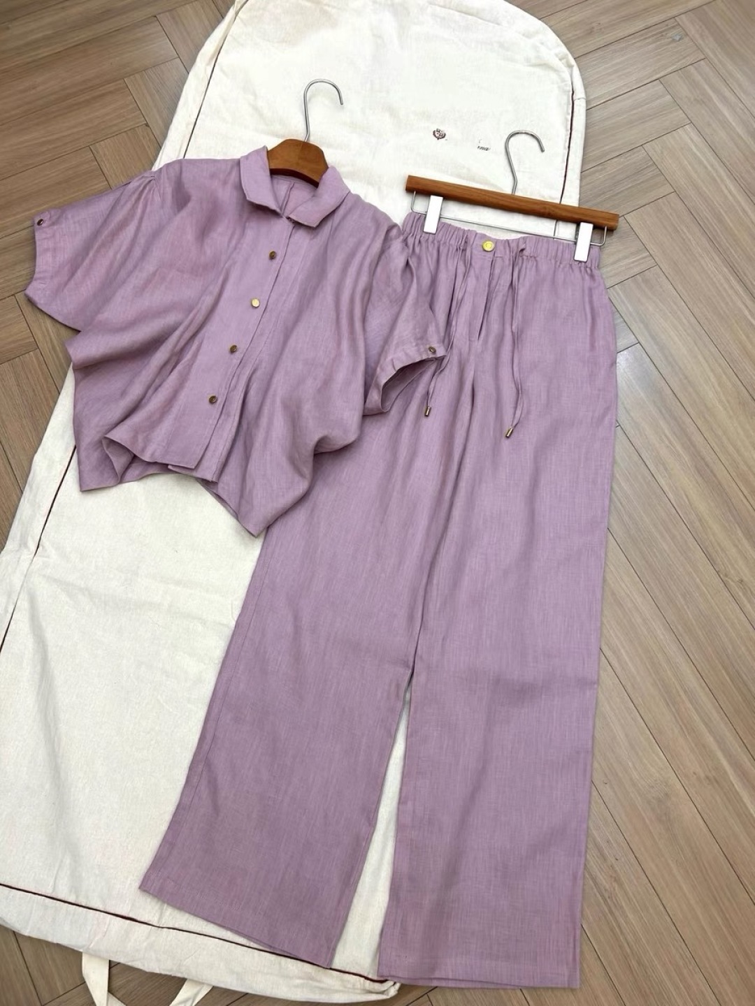 High-End Women’s Clothes: Water-Washing Linen Suit, Elegant Purple, Bat Sleeve Shirts - 图片 4