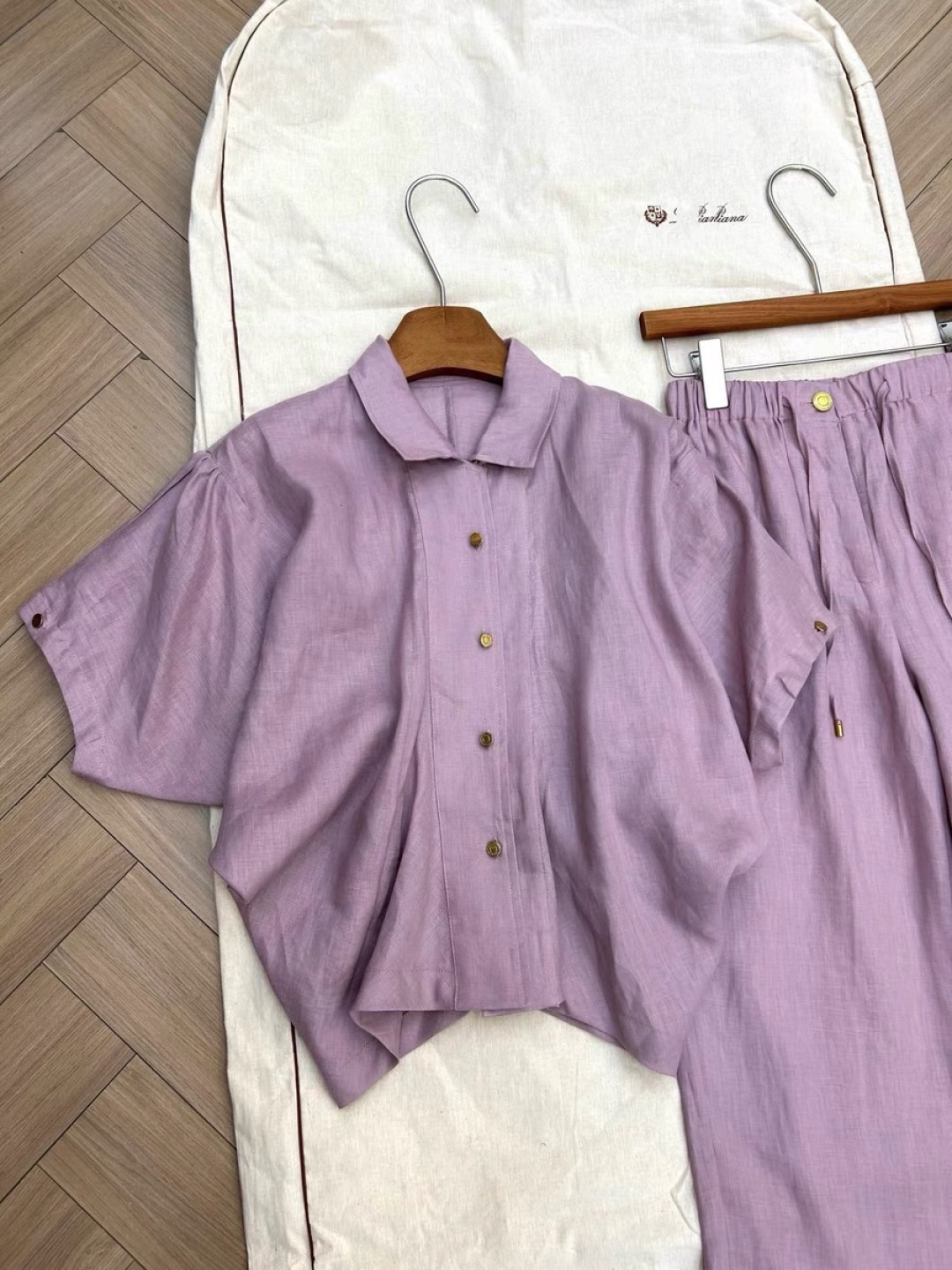 High-End Women’s Clothes: Water-Washing Linen Suit, Elegant Purple, Bat Sleeve Shirts - 图片 5