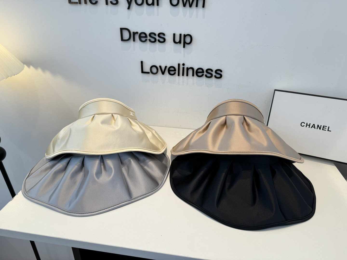 CHANEL Pleated Satin CC Embroidery Sun Visor