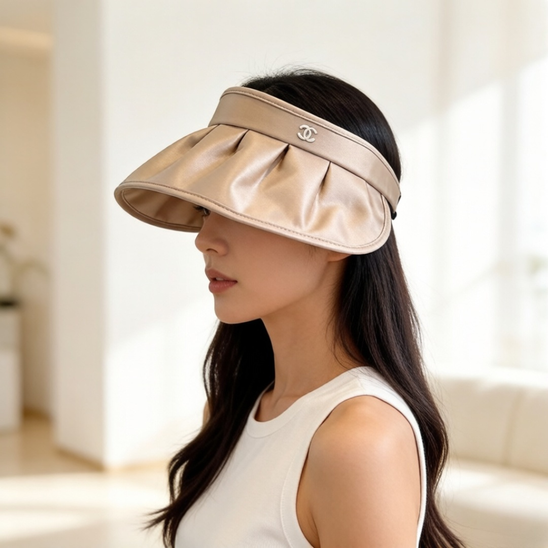 CHANEL Pleated Satin CC Embroidery Sun Visor