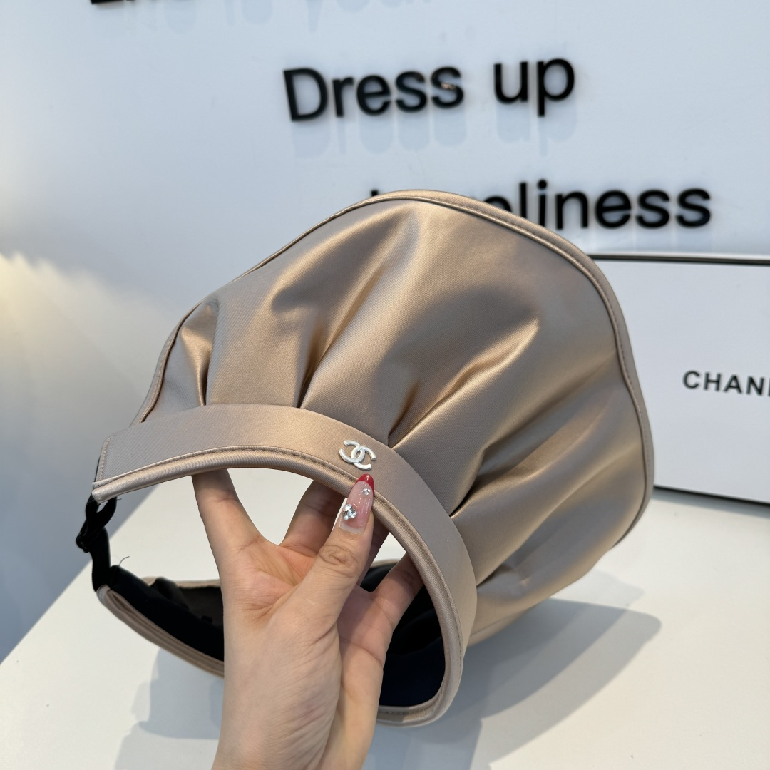 CHANEL Pleated Satin CC Embroidery Sun Visor