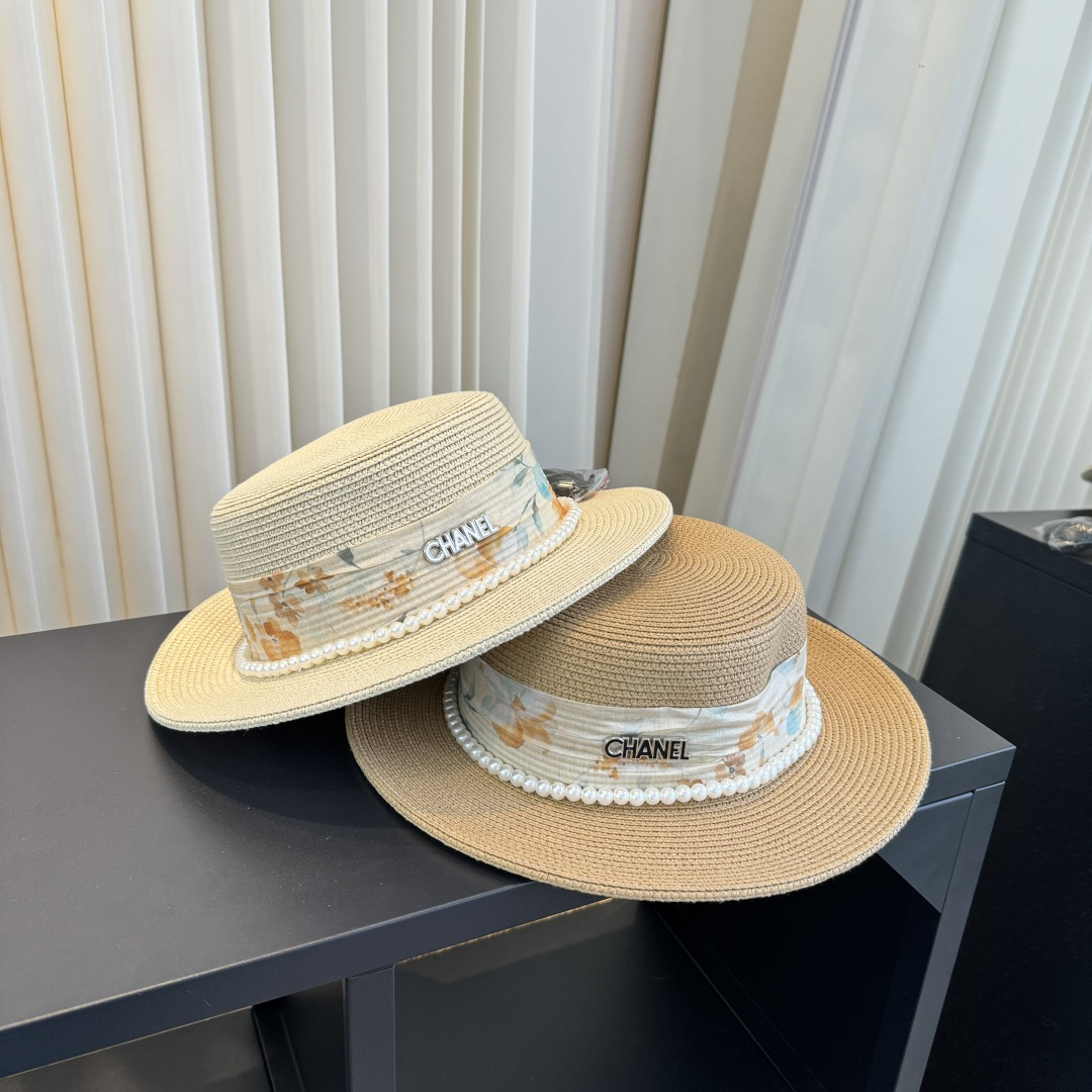 CHANEL Floral Ribbon Pearl Flat Top Straw Hat