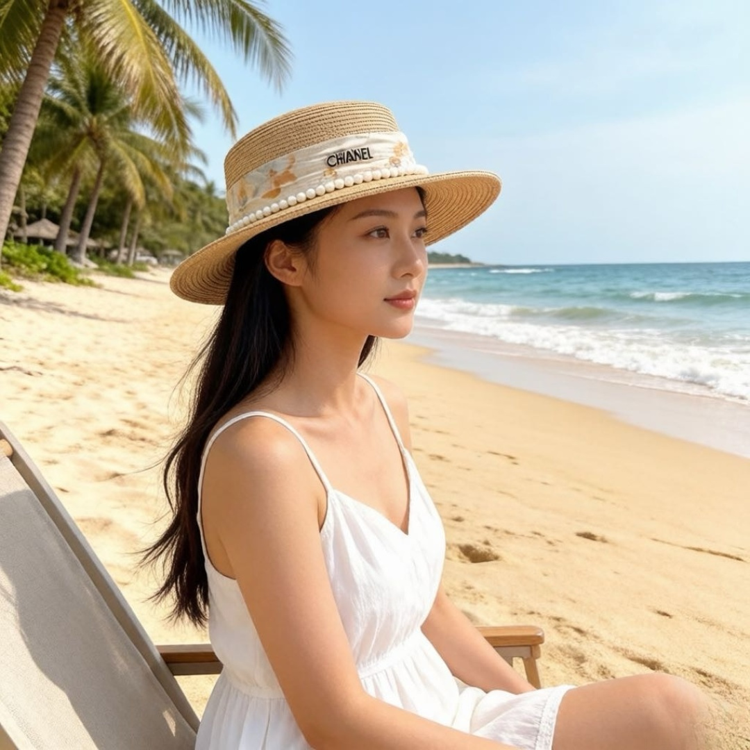 CHANEL Floral Ribbon Pearl Flat Top Straw Hat