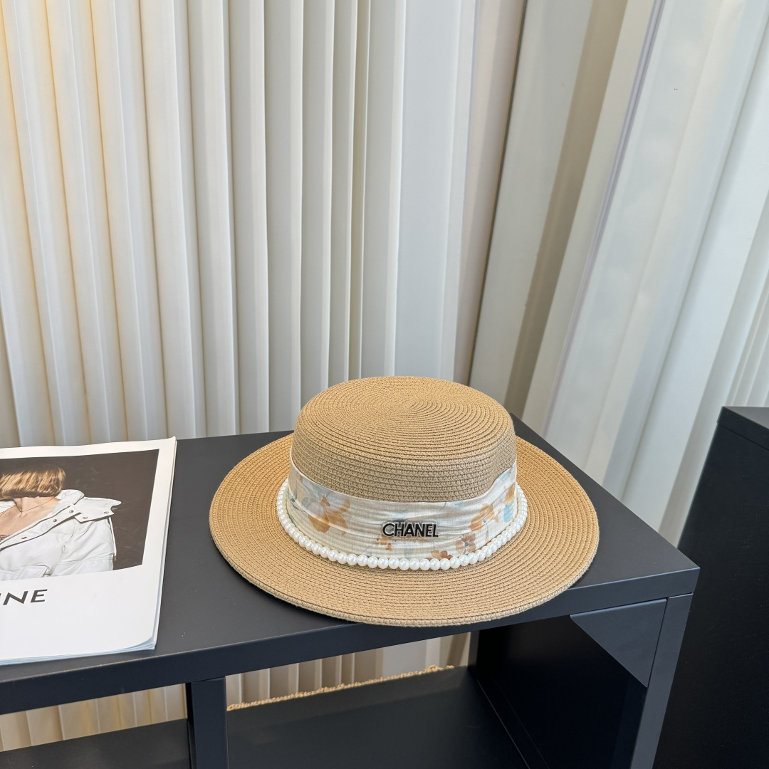 CHANEL Floral Ribbon Pearl Flat Top Straw Hat