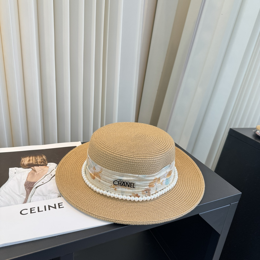 CHANEL Floral Ribbon Pearl Flat Top Straw Hat