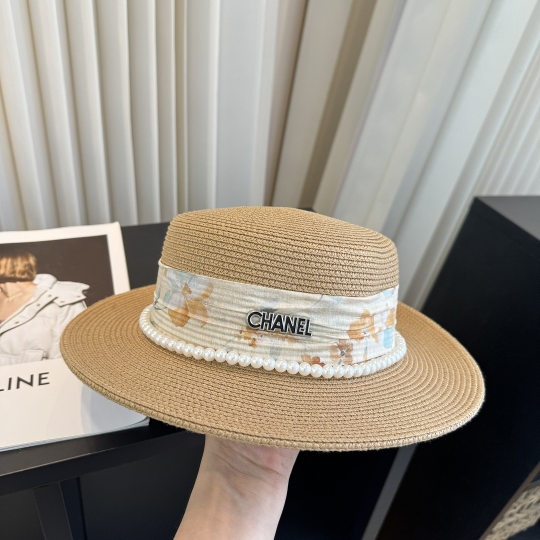 CHANEL Floral Ribbon Pearl Flat Top Straw Hat