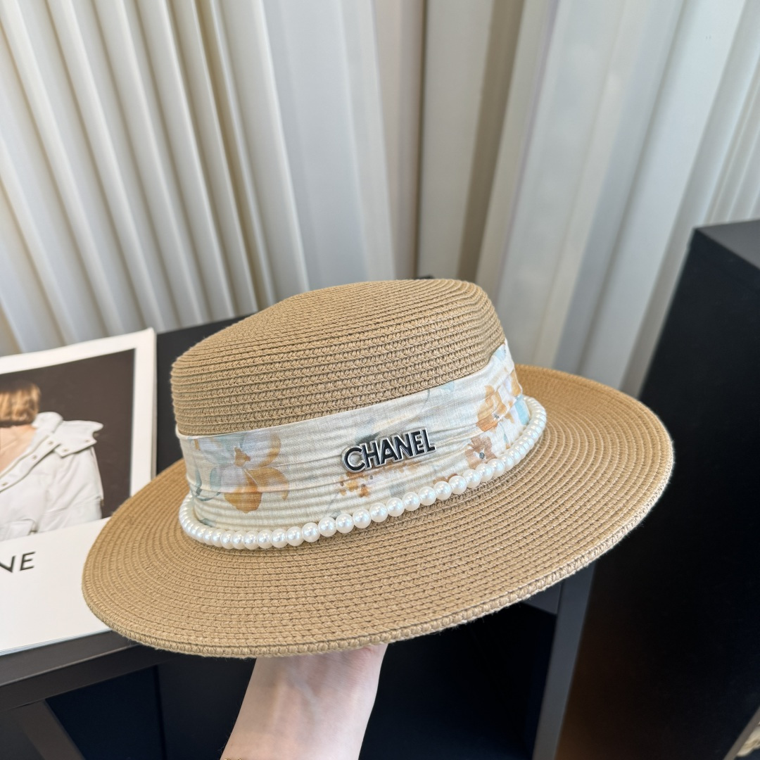 CHANEL Floral Ribbon Pearl Flat Top Straw Hat