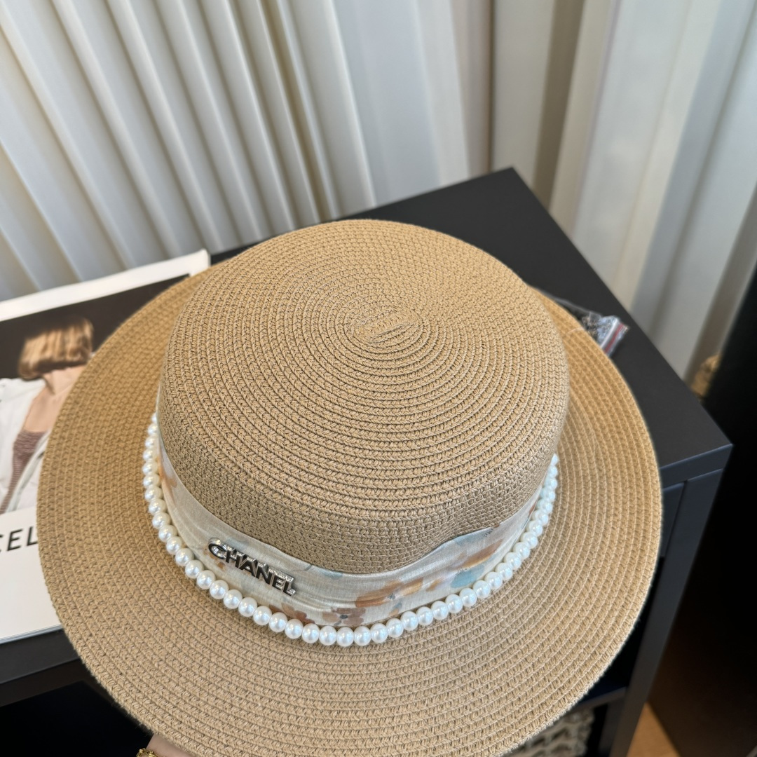 CHANEL Floral Ribbon Pearl Flat Top Straw Hat
