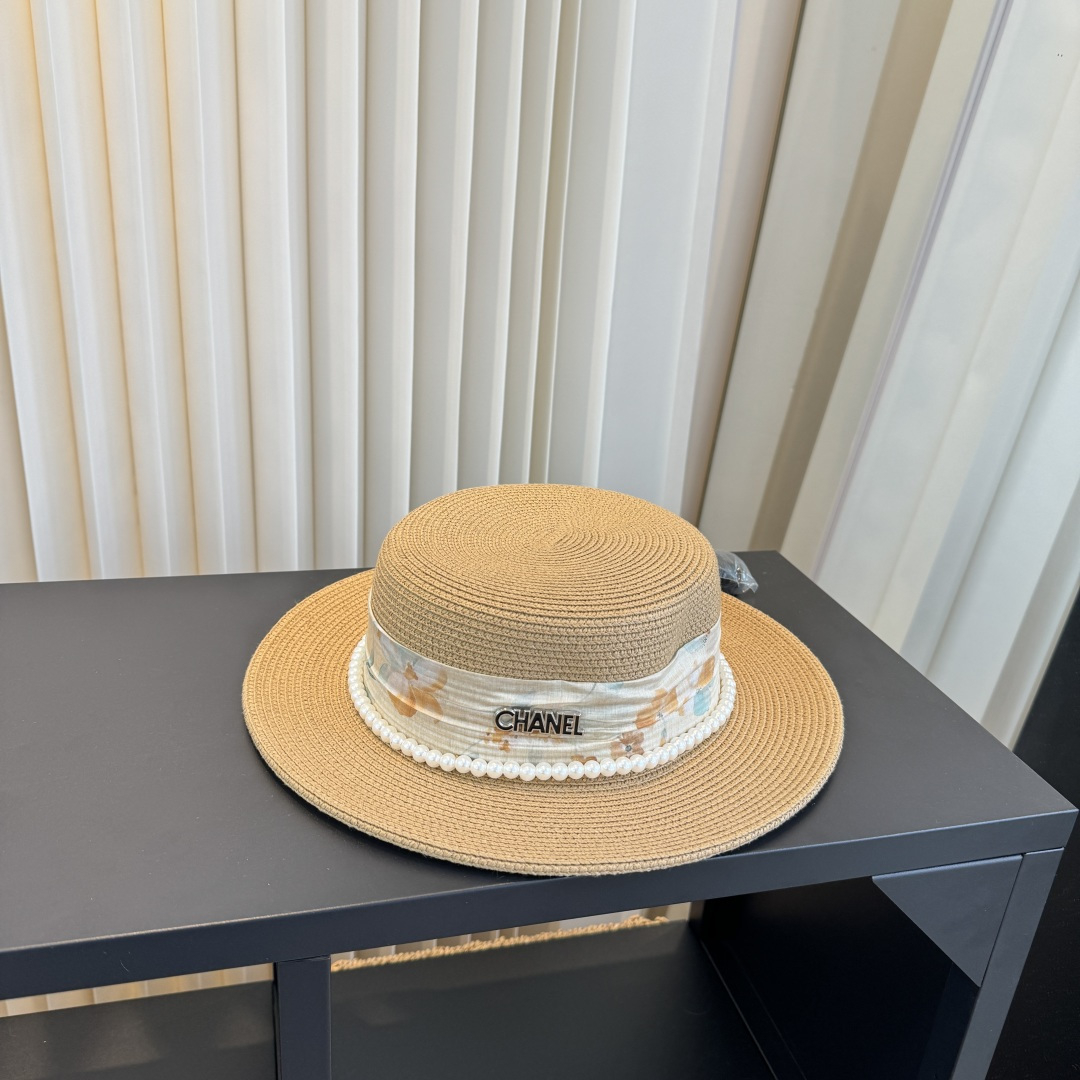 CHANEL Floral Ribbon Pearl Flat Top Straw Hat