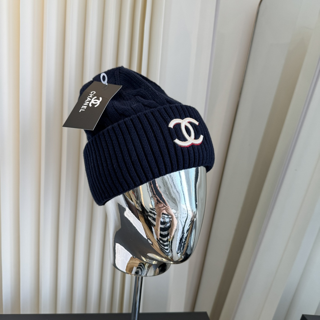 CHANEL Cable Knit CC Embroidered Cuffed Beanie