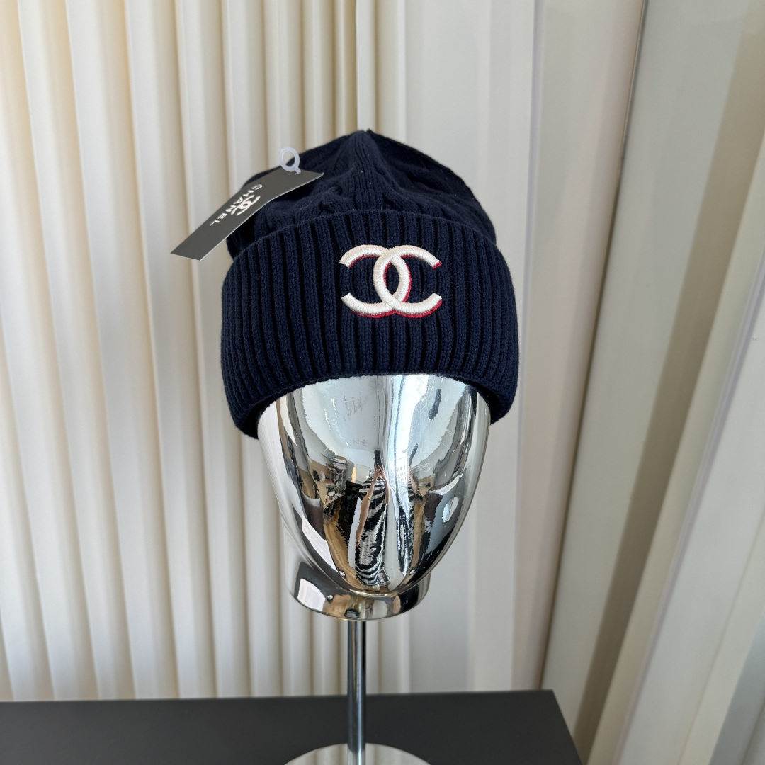 CHANEL Cable Knit CC Embroidered Cuffed Beanie