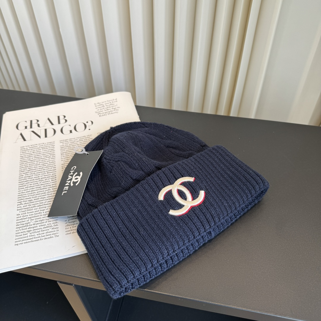 CHANEL Cable Knit CC Embroidered Cuffed Beanie