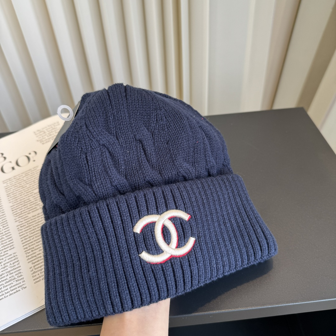 CHANEL Cable Knit CC Embroidered Cuffed Beanie