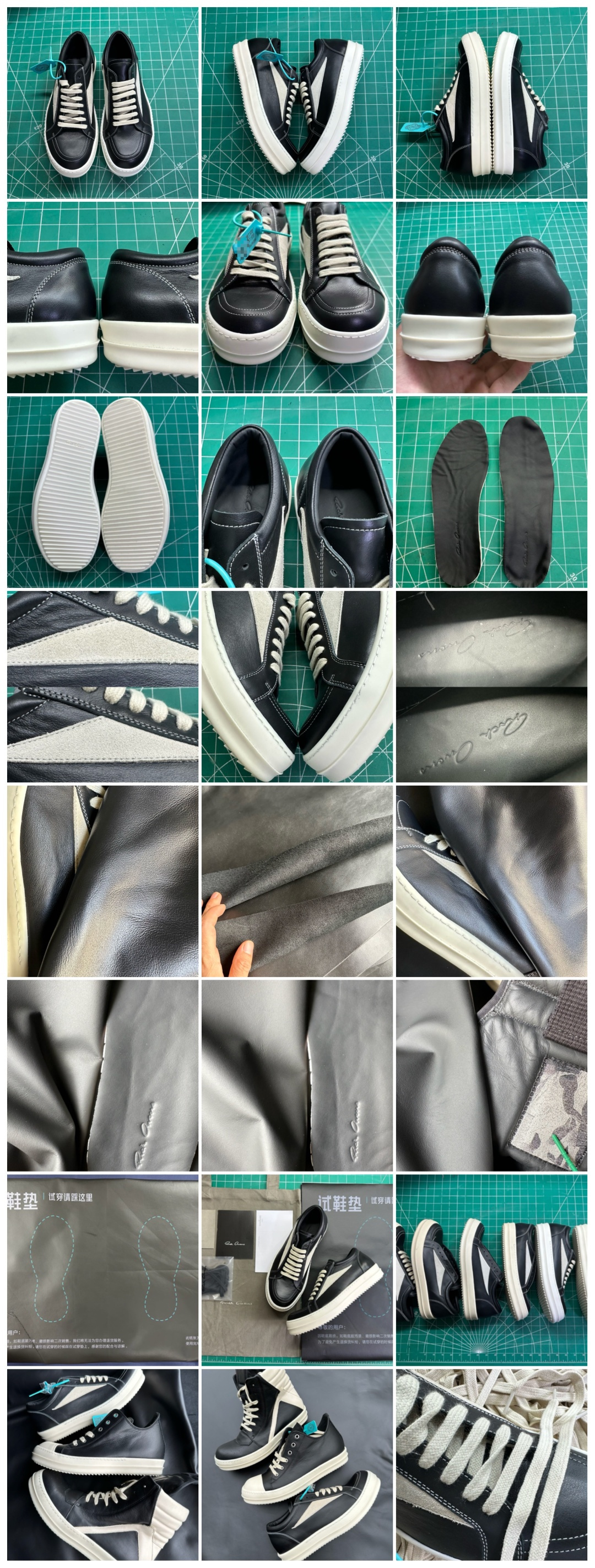 图片[8]-市售最高版 New Star # Rickowens 瑞克 欧文斯 侵权 低帮高街休闲板鞋 全新升级 真正匠心打造 欢迎各领域高端玩家拷打对比！ 【版型】历经6个月调楦开版 鞋形秀气，鞋头外腰向内腰上翘，鞋头尖向鞋舌连接处下凹弧度，版型整体的灵魂所在 【面皮】进口全粒面头层小牛皮，细纳帕纹路亮面风格，手感细腻且按压具有纹路感，正品还原度98% 【内里】采用进口全粒面头层小牛皮，细纳帕纹路哑光风格，自然毛孔，吸汗透气 【中底】表面层包裹全粒面小牛皮，内层中底板带钢板，提升鞋子的稳定性与支撑力，有效抵抗外力变形（这个系列市面版本全部没有） 【鞋垫】全粒面小牛皮-透气吸汗+三层夹心泡面材质-高弹透气脚感舒适 【三角标】中绒灰白麂皮，颜色和绒感与原版一致 【鞋底】独家私模 翘度完美还原ZP原鞋，TPU奶香大底 进口TPU原料耐磨，耐操，不易氧化发黄 【鞋带】定制水染，按原版织法工艺，百分比百还原 【布袋】定制定染原厂布袋，原厂刺绣工艺（布料厚实、柔软、带绒感、颜色深灰微微发绿 布料成本远高于市场通货版） 【包装】配件包装全部按照最新版原鞋标准（鞋撑纸为黑色，包装纸有半透油蜡感）区别市面错版，另附送黑色鞋带，独家配无纺布试鞋垫一张 尺码：36 37 38 39 40 41 42 43 44 45 46 正码正拍-选品中心