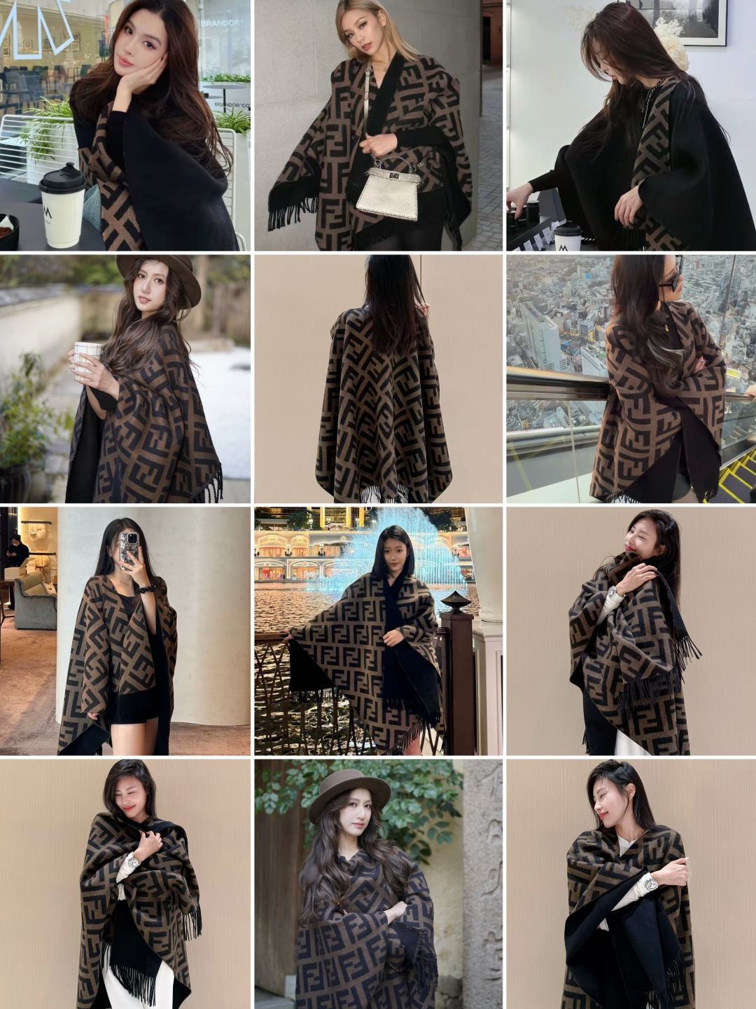 图片[8]-S# Fendi 芬迪 FF 羊毛提花 披肩斗篷 围巾 高端零售专供 原版开发 品质保证 100%放心出街 顶级复刻级工艺：让经典“分毫不差” 采用高精度电子提花工艺，精准还原每朵“FF字母迷宫”的轮廓与间距，色彩渗透度、纹路立体感与原版如出一辙 双面异色设计（暖棕×雅黑），一面是咖啡馆的慵懒拿铁色，一面是晚宴厅的神秘黑调，翻折间切换风格，复刻柜上“双面奢品”的质感哲学 🧶 奢选材质：暖得高级，柔得妥帖 甄选60支双面羊毛混纺（高支数=纤维更细腻+保暖性更强），经「三重柔化工艺」打磨： 先以特殊酶洗褪去羊毛糙感，再经蒸汽熨烫定型，最后做防缩抗起球处理—— 触肤瞬间，如陷入云朵般绵软，却又不失挺括骨感；久披不塌、不扎肤，秋冬叠穿外套/单穿配裙，都能“一秒提升贵气值” ✂️ 手工匠造：藏在细节里的仪式感 一条披肩的“高级感”，藏在别人看不见的工序里： • 提花环节：机器模拟“老匠人手工牵经”的张力，让每寸纹路均匀舒展，告别廉价印花的模糊感； • 流苏设计：资深工匠手工穿引每根流苏穗，统一长度、统一垂坠方向，行走时流苏轻晃如涟漪，精致到发丝； • 裁剪缝制：遵循“人体工学黄金比例”，肩线自然垂落不紧绷，腰线适配各种身形——慵懒披挂也能穿出“量身定制”的利落。 从米兰工作室的设计稿，到车间里12道严苛工序，再到你掌心的温度—— 这条披肩，复刻的是跨越世纪的时尚经典，交付的是「一披即高级」的日常奢享。 当寒风吹过街头，它是你抵御凉意的暖甲，更是无需开口的品味勋章 ⚠清洗建议：由于羊毛的材质特性，尽量干洗，尽量干洗，暴力机洗会出现缩水情况 ！如果觉得干洗一次太贵，有耐心的朋友也可以手洗，一定要冷水，且不能手搓！清洗后第一时间压干（不会滴水的程度）设计不能拧干！不能拧干！-选品中心