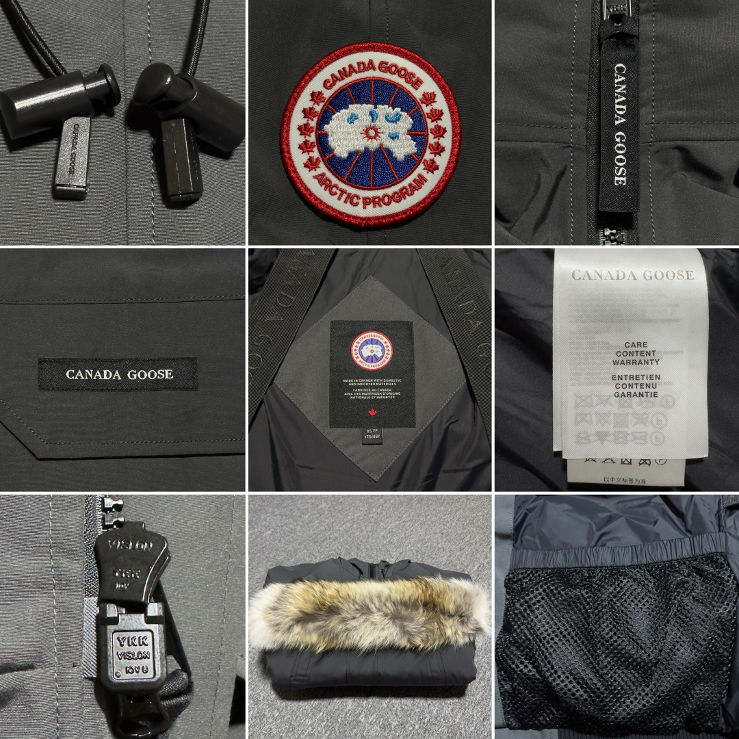 图片[9]-Canada Goose加拿大鹅 01款 Chilliwack 飞行员夹克短款羽绒服 大厂制造 原版定制辅料五金 采用优质国标羽绒填充 提供高效保暖 细节增强保暖：可调节的羽绒填充风帽，能有效阻挡寒风；罗纹袖口和下摆，不仅穿着舒适，还能锁住热量 手臂上有标志性的Canada Goose徽章，彰显品牌身份 面料：采用Arctic Tech面料，由83%聚酯纤维和17%棉混纺而成，具有防水、防风、防污的特性，且随着时间推移会形成独特的质感 口袋设计共有五个外部口袋，包括两个上层抓绒暖手口袋、两个下层按扣口袋和一个左袖笔袋；三个内部口袋，一个拉链安全口袋和两个网眼袋，方便实用 门襟拉链：双向拉链搭配隐藏式按扣门襟，可有效阻挡风雪，且操作方便 尺码：XS S M L XL XXL-选品中心