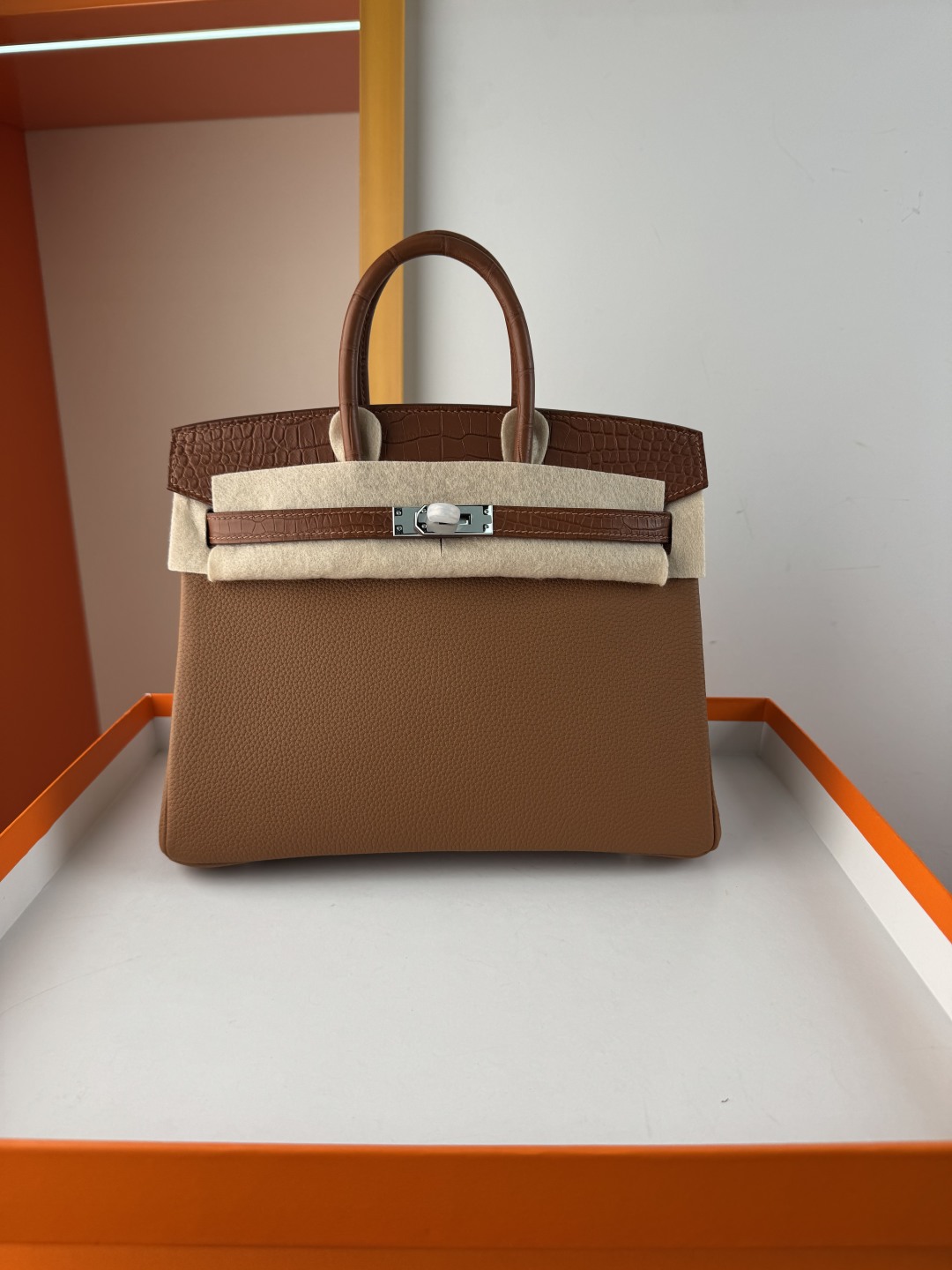 Birkin 25cm Touch Gold Brown Togo Leather and Matte Alligator Handbag 2 cmp i1750143699532 4632 0 0