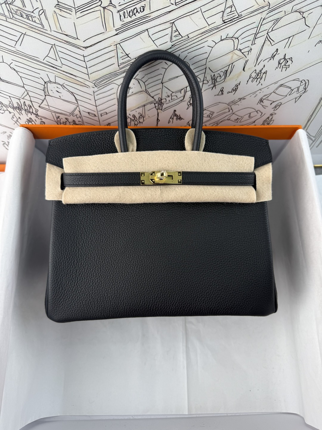 Clásico✨ BK25 Negro y dorado Togo piel de becerro Birkin 25/30