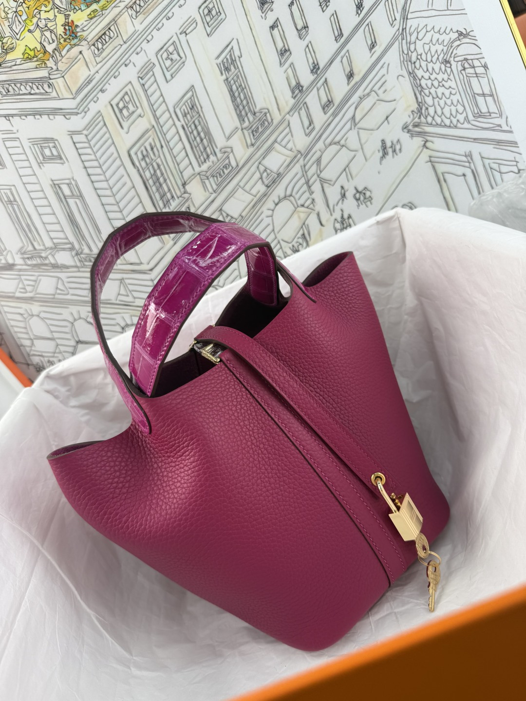 NO:811972,Cai Lanzi 18 touch rose red high-gloss crocodile skin handle hand-stitched wax thread, Hermes, hermes, crocodile skin, Hermes,19860909菜蓝子18 touch 玫瑰红 高光鳄鱼皮手柄 手缝蜡线,爱马仕,hermes,crocodile skin,Hermes,,Bag