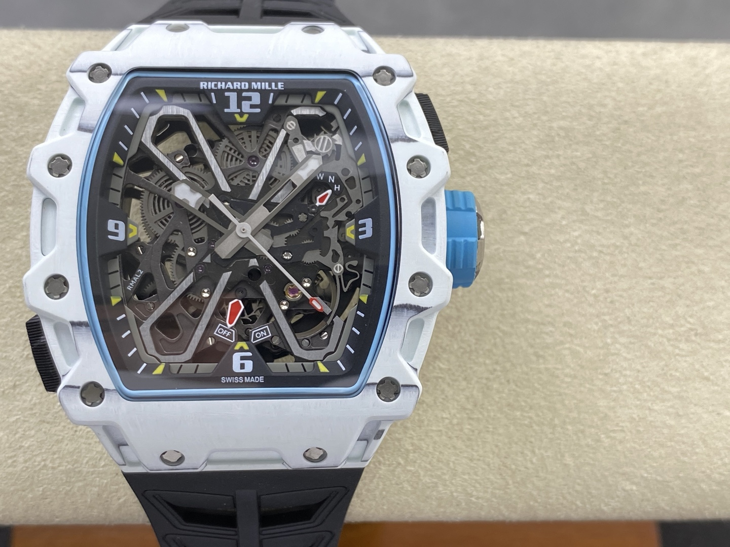 NO:944340,RM Factory New Color Matching Strap Dial All colors can be freely selected to match any color. RM Factory produces contemporary fried chicken with peak appearance and popular all over the Internet RICHARD MILLE Richard Mille RM35-03 RM Factory 3 major features Latest R&D breakthrough Thickness Weight Movement Dial structure hollow point, 11 o'clock hollow point, super hollow, super clear visible back structure, 5 o'clock super hollow dual-mode balance wheel rotation.  Feature 1, brand new masterpiece, exclusively newly developed hollow dual-mode rotor rotation, the hollow degree is clearly visible at 11 o'clock, and at 5 o'clock, you can zoom in to see the hollow feeling and the rotation and swing of the double gears. Feature 2, the latest optimization, thickness and weight One-piece movement hollow structure, super hollow, super real, restored exactly the same as the original, one-piece movement, the mechanical magic of the butterfly balance wheel. Feature 3, ultra-thin about 13.5mm  It is super light at about 85g. The super skeletonized one-piece movement has the same skeletonization at 11 o'clock as the original one, and the same dual-mode butterfly balance wheel at 5 o'clock. The dual gear mode and the rotation of the dual balance wheels are clearly visible. The RM factory adopts the NTT full carbon fiber case newly developed in 2026.  The newly built super hollow integrated movement is a true replica of the original version. Point 1. The front, side and rear knob buttons are all made of top-grade carbon fiber. You are welcome to compare with other versions on the market.  The most hollow integrated movement on the market, with 11 o'clock hollow position and the 5 o'clock balance wheel rotation position of the movement. The latest breakthrough in structure is consistent with the original. All five colors are available. It is the lightest on the market, with a weight of about 85g, a thickness of about 13.5, and a diameter of 43.15×49.95mm. All dimensions are the same as the original. The swinging mechanical skeleton of the integrated movement is clear and neat, refreshing and hard-core, and directly fills the summer atmosphere.  White, Tiffany Blue, Violent Orange, Dark Blue, Black Warrior, 5 colors, all made of NTT carbon fiber material, ultra-thin, ultra-light, ultra-skeleton integrated movement, maximum restoration experience. RM Factory - Re-engraving classics with ingenuity and interpreting texture with details, we sincerely invite all senior watch friends to come and taste it. Welcome to order RM35-03 from RM Factory to see the real thing and get a hands-on experience.,,tiffany19860909RM厂 新配色 表带 表盘 所有颜色都可以随意选择搭配任何颜色. RM厂 出品 当代炸子鸡 颜值巅峰 火爆全网 RICHARD MILLE 理查德米勒 RM35-03 RM厂3大特点 最新研发突破 厚度 重量 机芯 表盘结构镂空点位,11点位置镂空度 超级镂空,超级清晰可见背面结构,5点位置 超级镂空双模式摆轮转动. 特点1,全新力作,独家最新研发镂空双模式摆陀转动,11点位置镂空度清晰可见,5点位置,可以放大看得到,镂空感与双齿轮转动摆动. 特点2,最新优化,厚度 重量 一体机芯镂空结构,超级镂空,超级真实的,还原了,原装一模一样的,一体机芯,蝶形摆轮的机械魔法. 特点3 ,超薄13.5左右 超轻85g左右 超级镂空一体机芯11点位置镂空原装一致,5点位置 原装一样双模式 蝶形摆轮 清晰可见双齿轮模式与双摆轮转动. RM厂采用2026年最新研发的NTT全碳纤维表壳 全新打造的超级镂空一体机芯,真实还原复刻原装版本.重点1,正面侧面后面把头按键全部采用最顶级碳纤维打造,欢迎拿市场其他版本来对比. 市场最镂空一体机芯,11点镂空位,机芯5点摆轮转动位置,结构最新突破与原装一致,所有五色都齐货,市面最轻,克重85g左右,厚度13.5左右,直径43.15×49.95mm,所有尺寸都与原装一样,一体机芯摆动机械骨架通透利落,清爽又硬核,夏日氛围感直接拉满. 白色,蒂芙尼蓝,暴力橙,深蓝色,黑武士,5个色号,全部都是NTT碳纤维材质,超薄 超轻 超镂空一体机芯,最大还原装体验感. RM厂-以匠心复刻经典,以细节诠释质感,诚邀各位资深表友莅临品鉴、欢迎前来订购RM厂RM35-03看实物 上手感受.,,tiffany,Watch