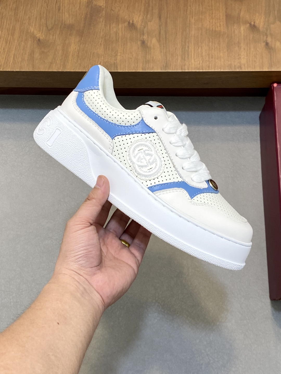 Gucci Men's Ace Embroidered Sneaker, White Leather with Blue Trim 5 cmp i1745253954009 2481 0 3