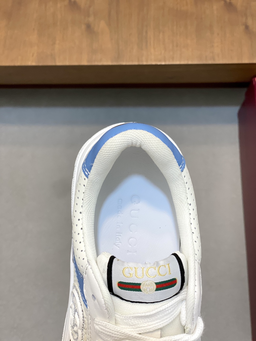 Gucci Men's Ace Embroidered Sneaker, White Leather with Blue Trim 8 cmp i1745253954013 1155 0 6