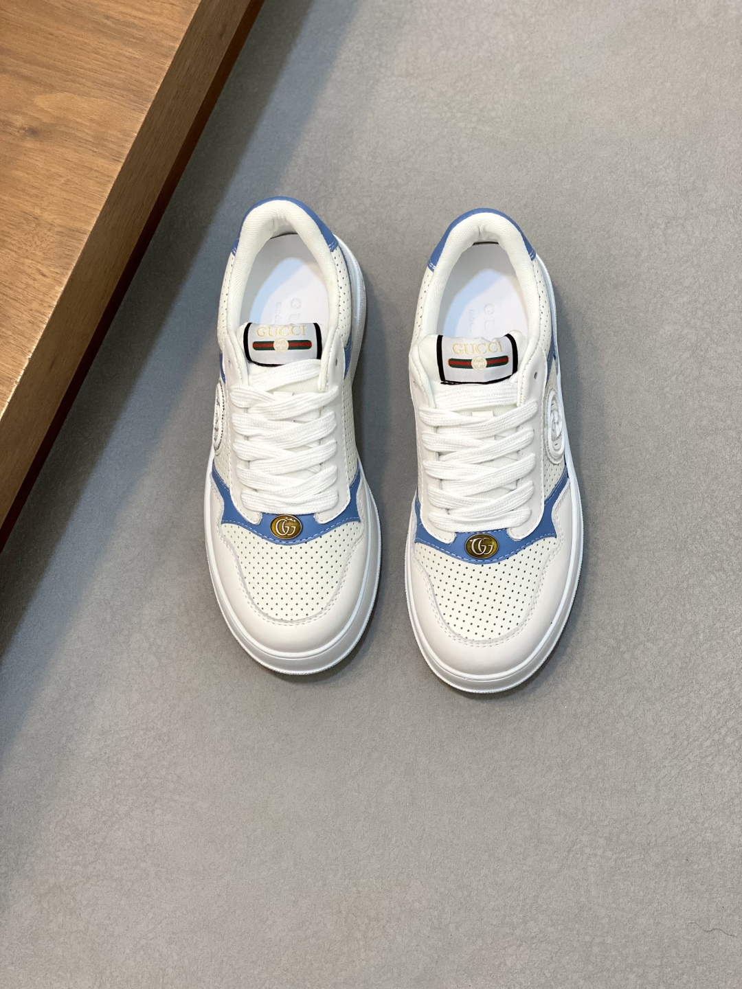 Gucci Men's Ace Embroidered Sneaker, White Leather with Blue Trim 1 Gucci Men's Ace Embroidered Sneaker, White Leather with Blue Trim