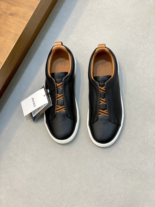 Ermenegildo Zegna Black Leather Triple Stitch Slip-On Sneakers