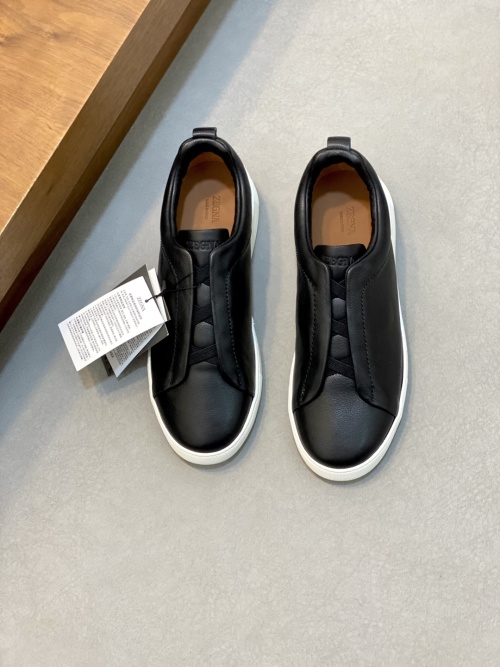 Ermenegildo Zegna Triple Stitch Leather Sneaker - Black Slip-On Style
