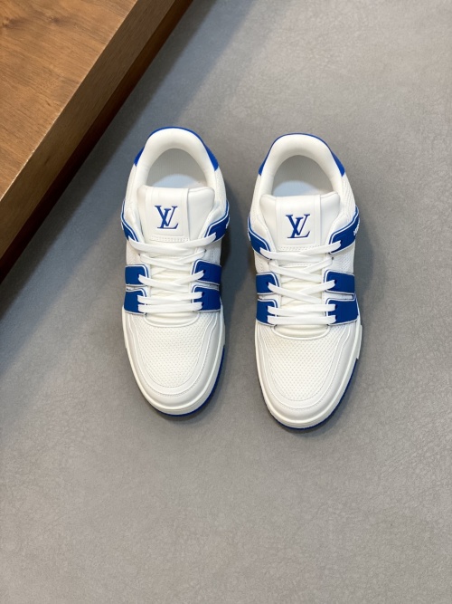 Louis Vuitton Trainer Sneaker: White Leather & Blue Accents, Men's Size 39-44 1 Louis Vuitton Trainer Sneaker: White Leather & Blue Accents, Men's Size 39-44