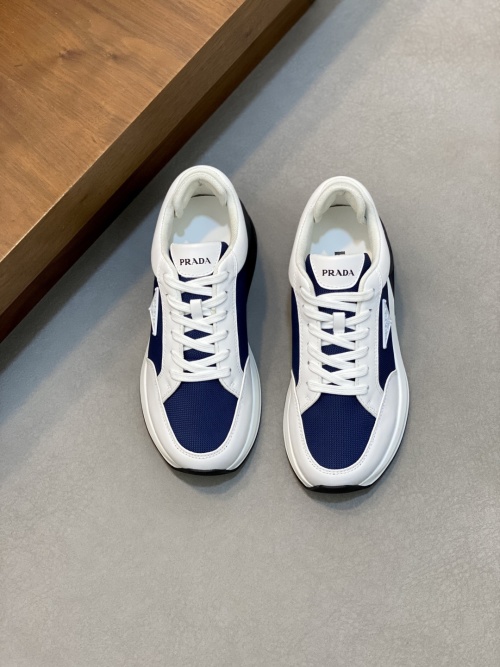 Prada Men's White & Blue Leather and Mesh Lace-Up Fashion Sneakers 1 Prada Men's White & Blue Leather and Mesh Lace-Up Fashion Sneakers